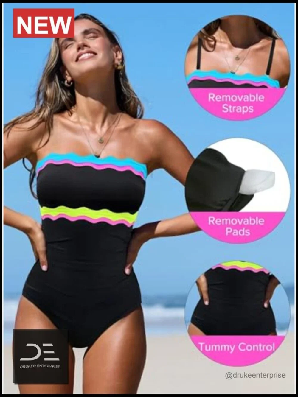 Tummy Control Strapless Bandeau One Piece Swimsuit Neon